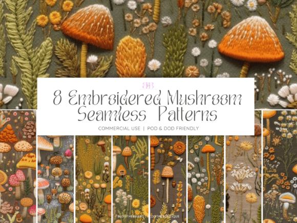 8 Embroidered Mushroom Seamless Patterns