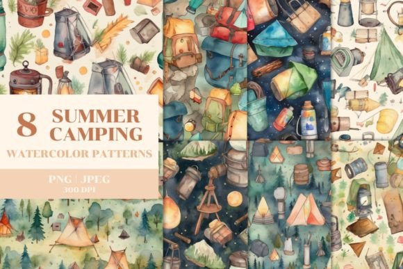 8 Watercolor Summer Camping Patterns