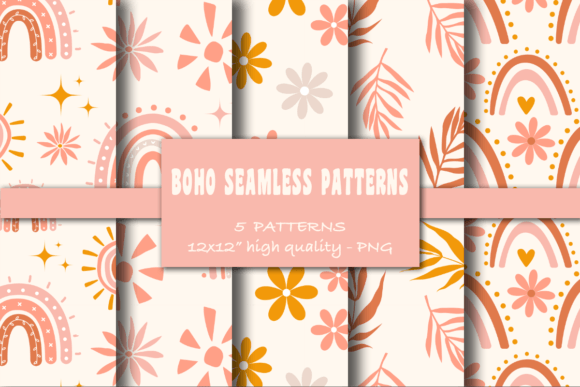 Boho Seamless Patterns, Rainbow, Flowers